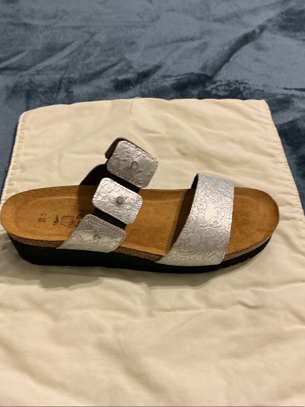 Naot Silver Floral-Embossed Double Strap Slide Sandal